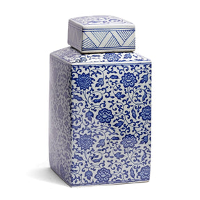 Blue & White Porcelain Square Tea Caddy - Peony Design