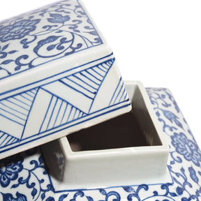 Blue & White Porcelain Square Tea Caddy - Peony Design