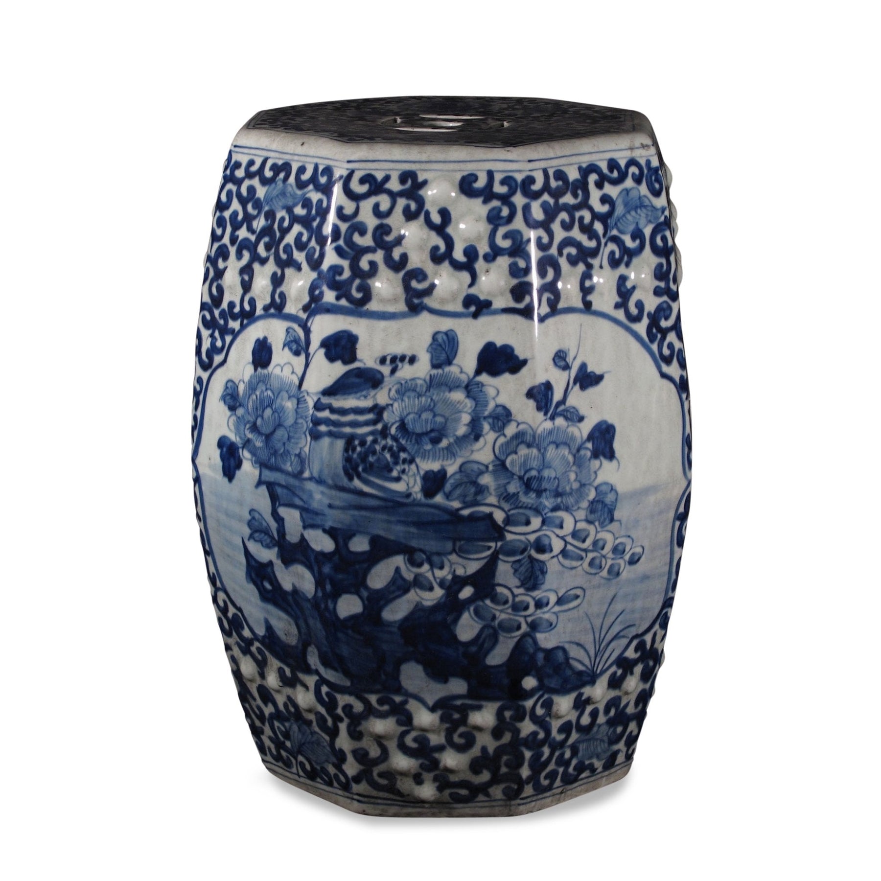 Blue & White Porcelain Stool - Peony Design