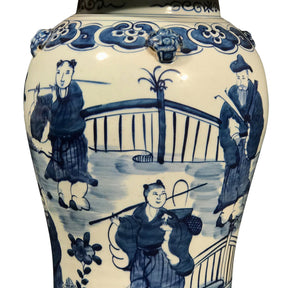 Blue & White Porcelain Temple Jar - Pastoral Scenes