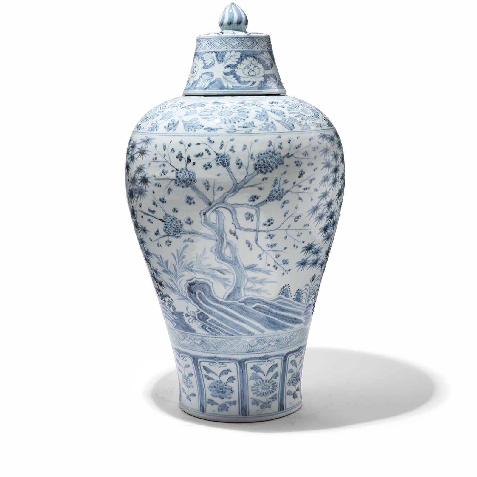 Blue & White Porcelain Temple Jar - Four Tree Design