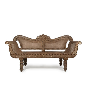 Caned Teak Sofa With Bone Inlay - Ca 80 yrs old
