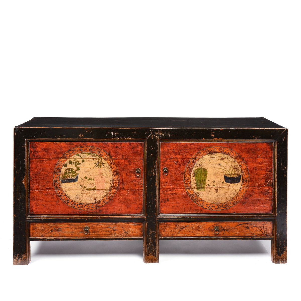 2 Door Traditional Painted Mongolian Sideboard - 19thC
