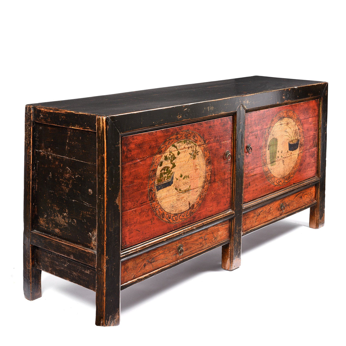 2 Door Traditional Painted Mongolian Sideboard - 19thC