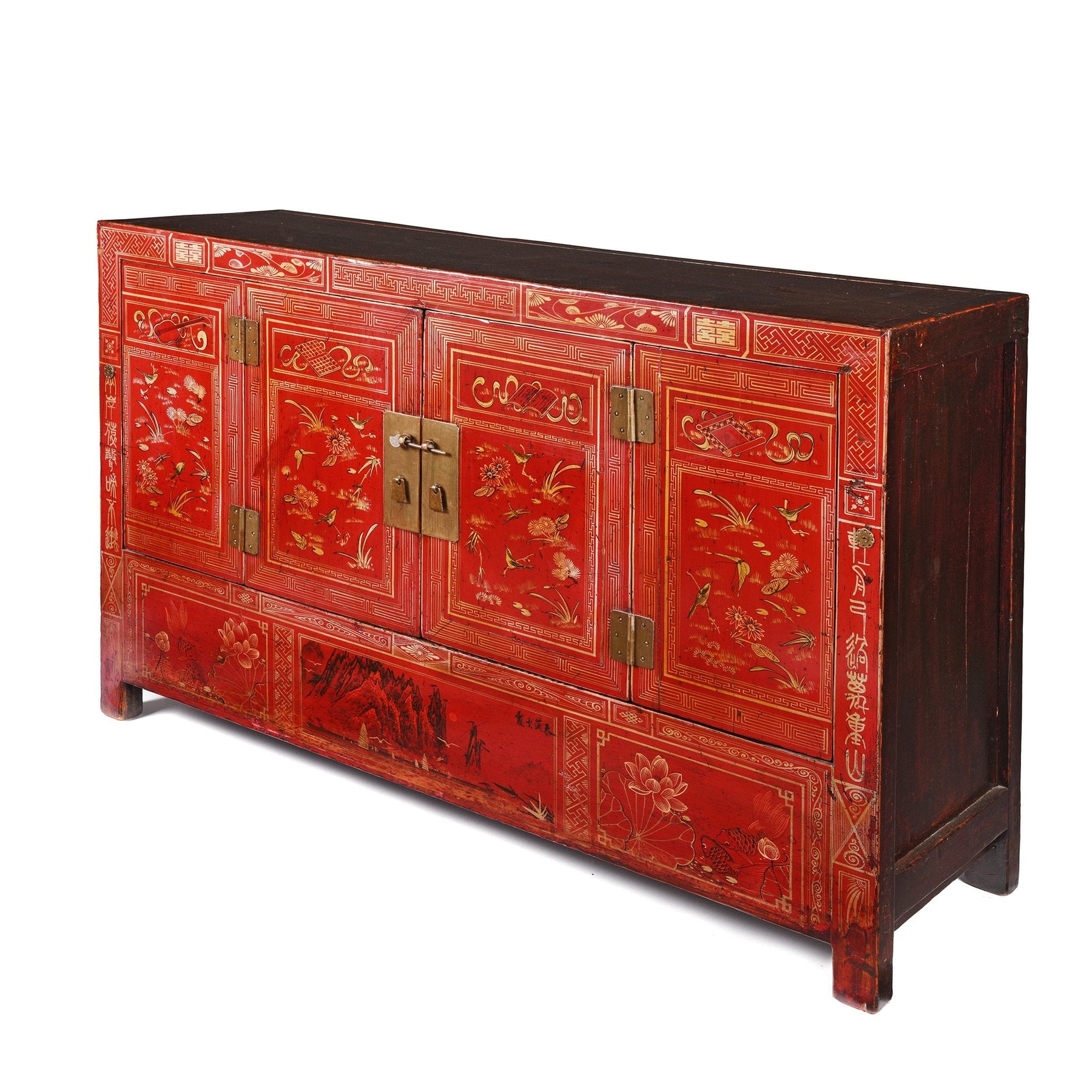 Red Lacquer Chinese Sideboard From Dongbei - Ca 1920