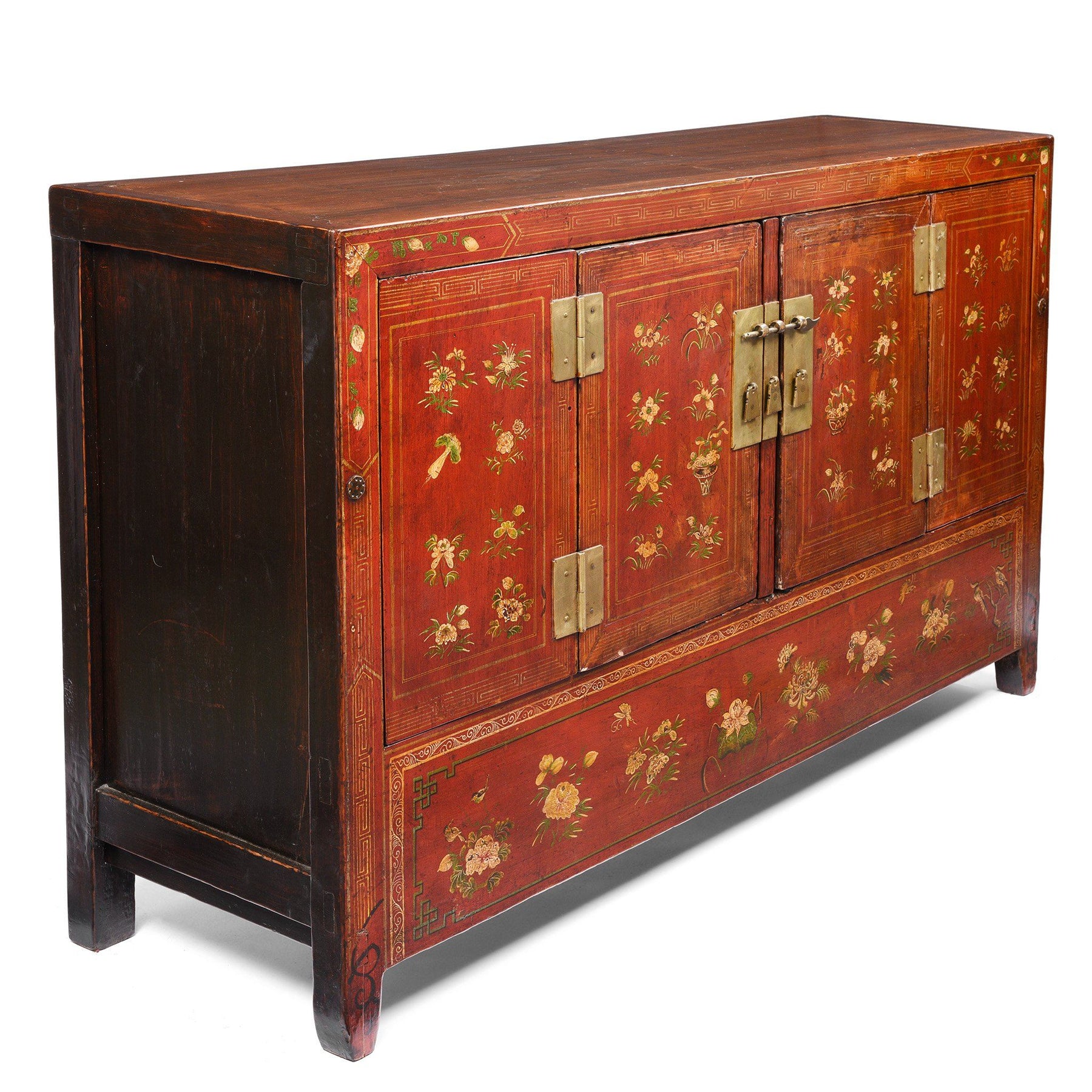 Red Lacquer Chinese Sideboard From Dongbei - Ca 1920