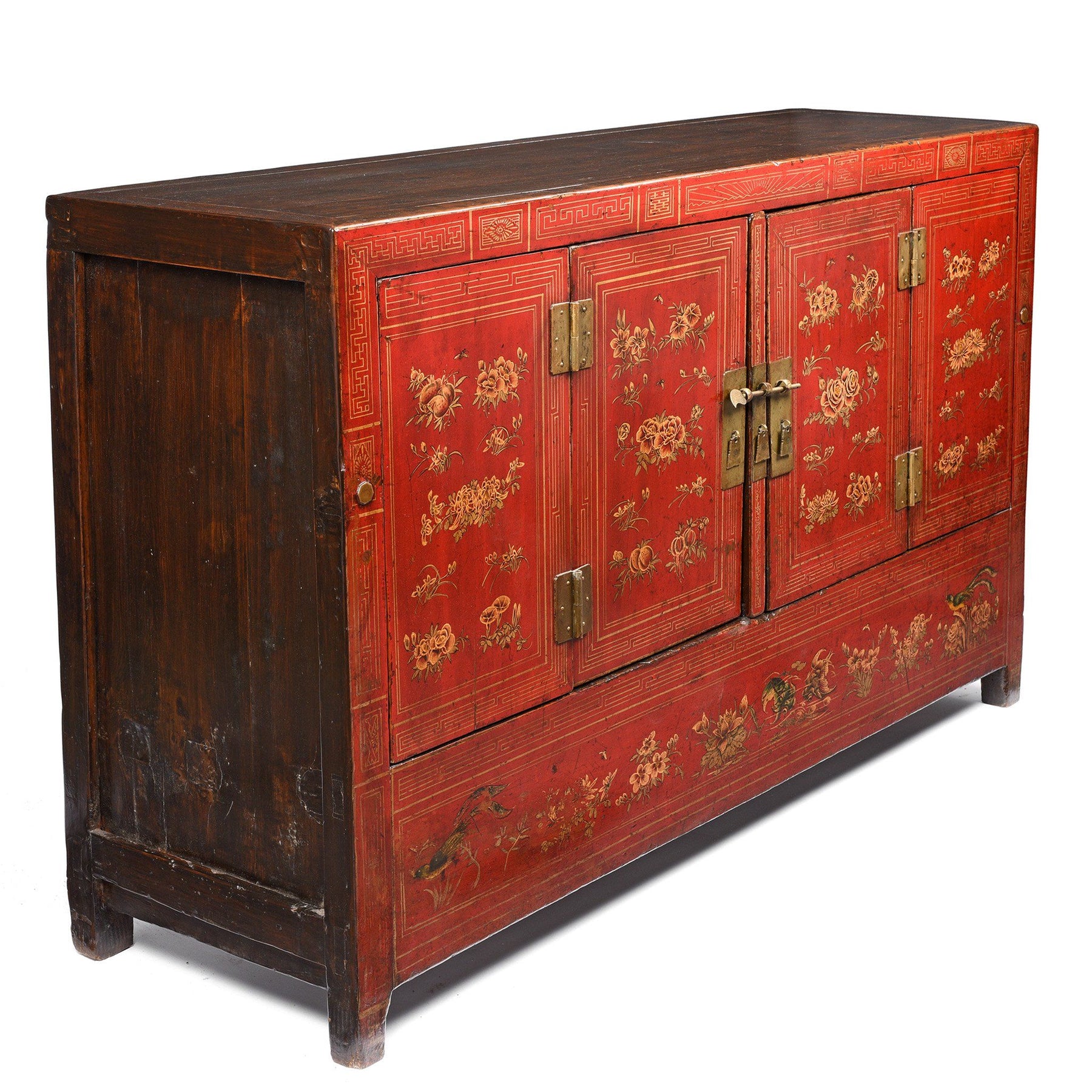 Red Lacquer Chinese Sideboard From Dongbei - Ca 1920