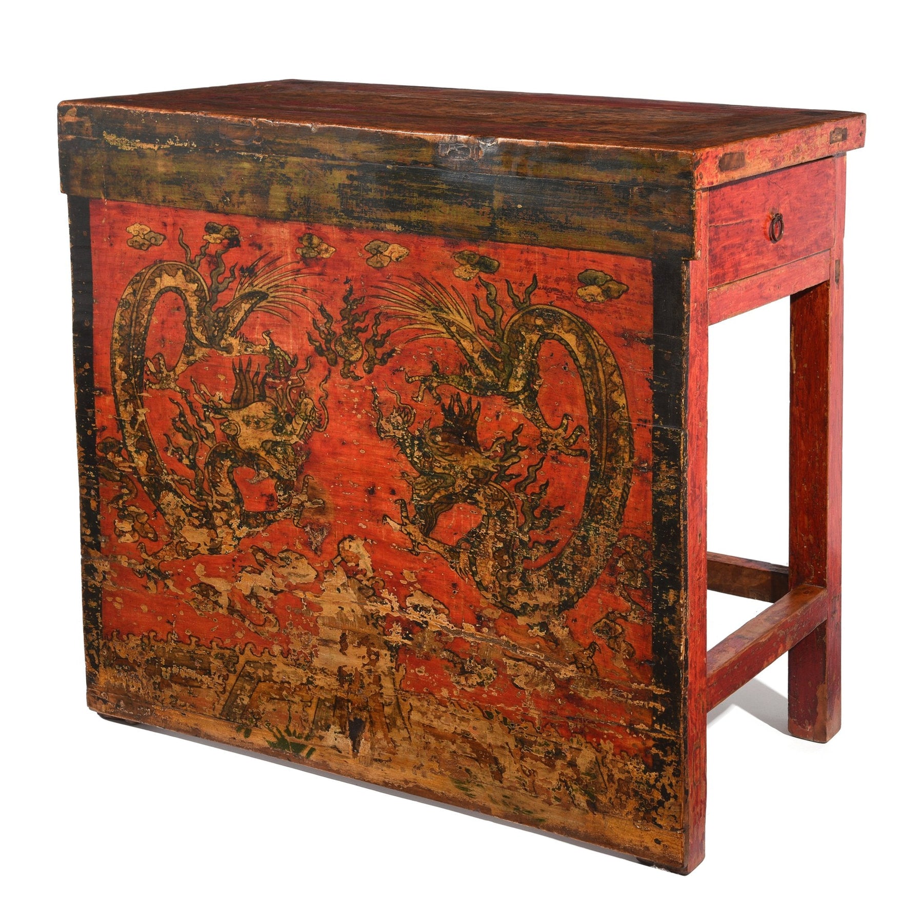 Tibetan Lectern With Dragon Painting - 19thC