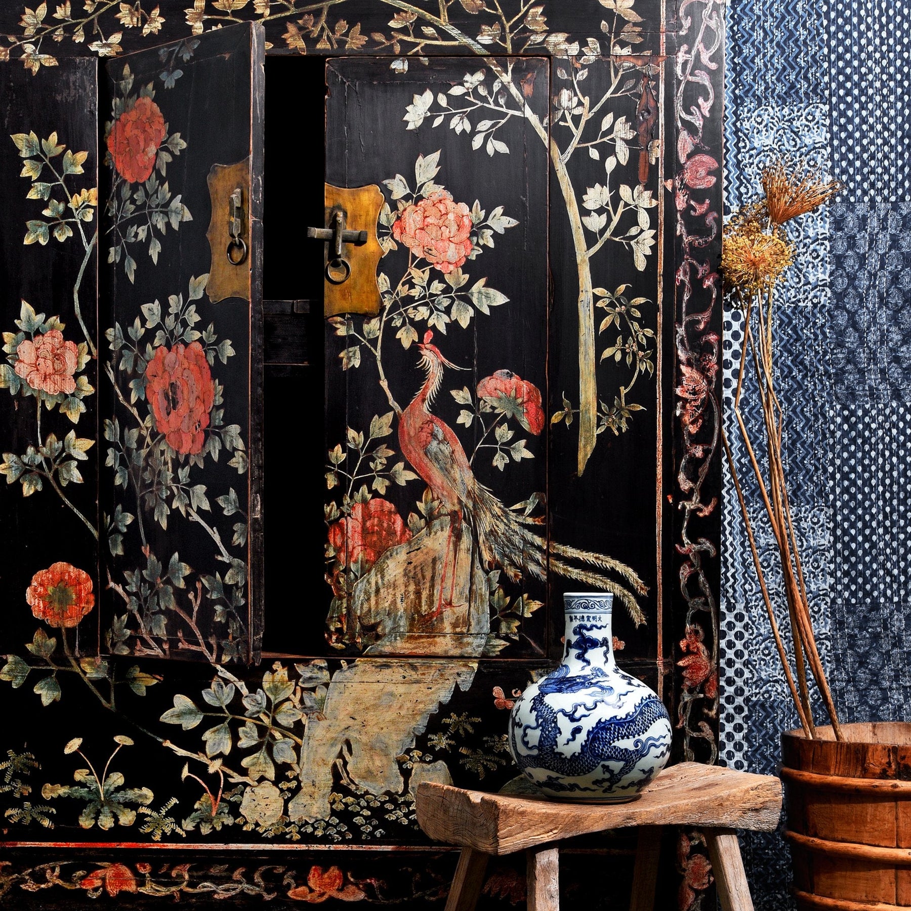 Chinese Black Lacquer Wedding Cabinet - 19thC