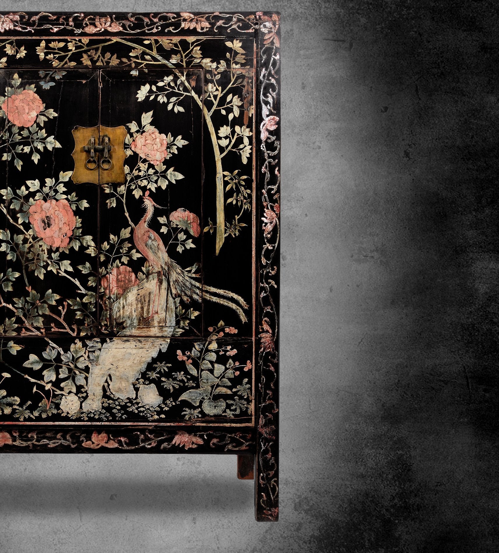 Chinese Black Lacquer Wedding Cabinet - 19thC