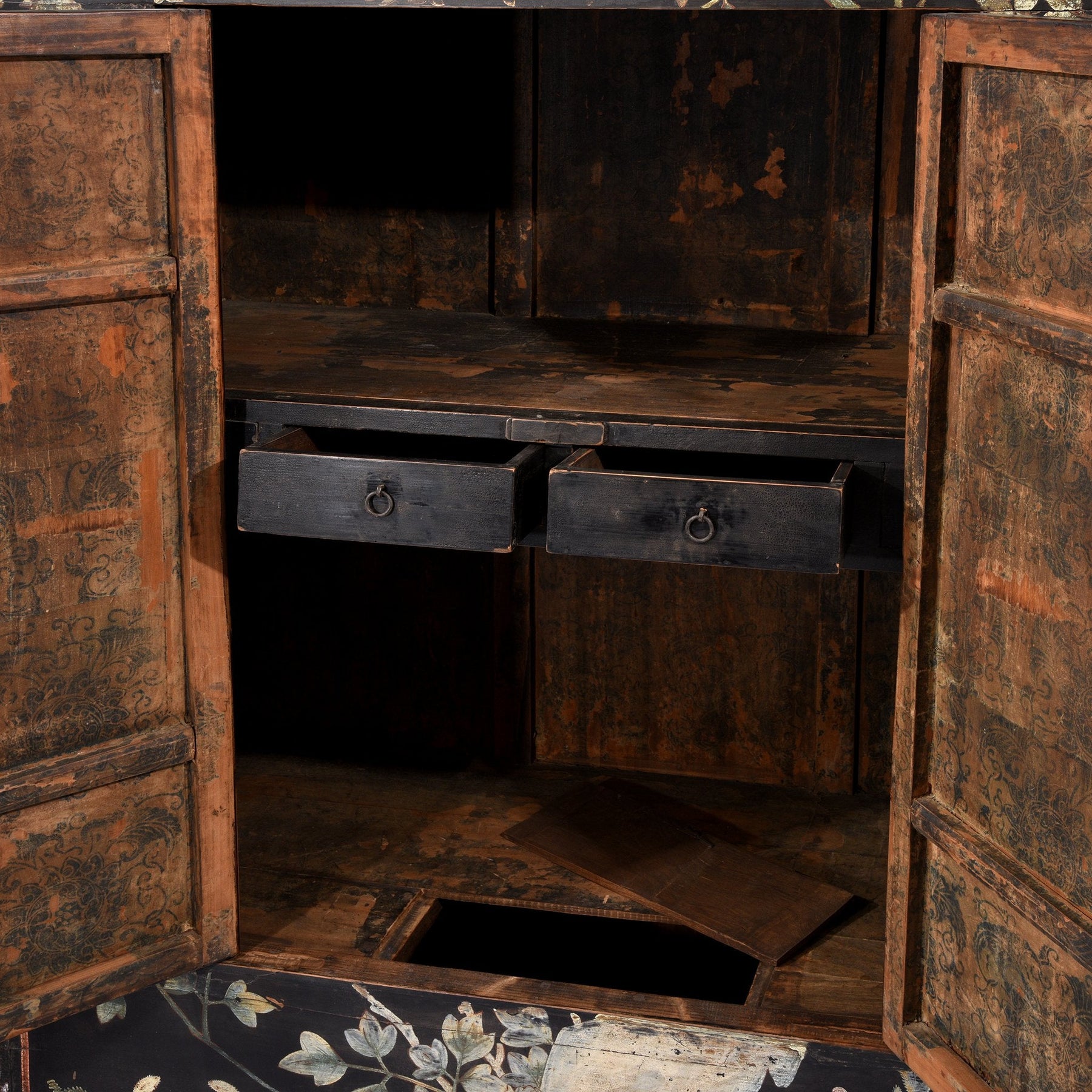 Chinese Black Lacquer Wedding Cabinet - 19thC