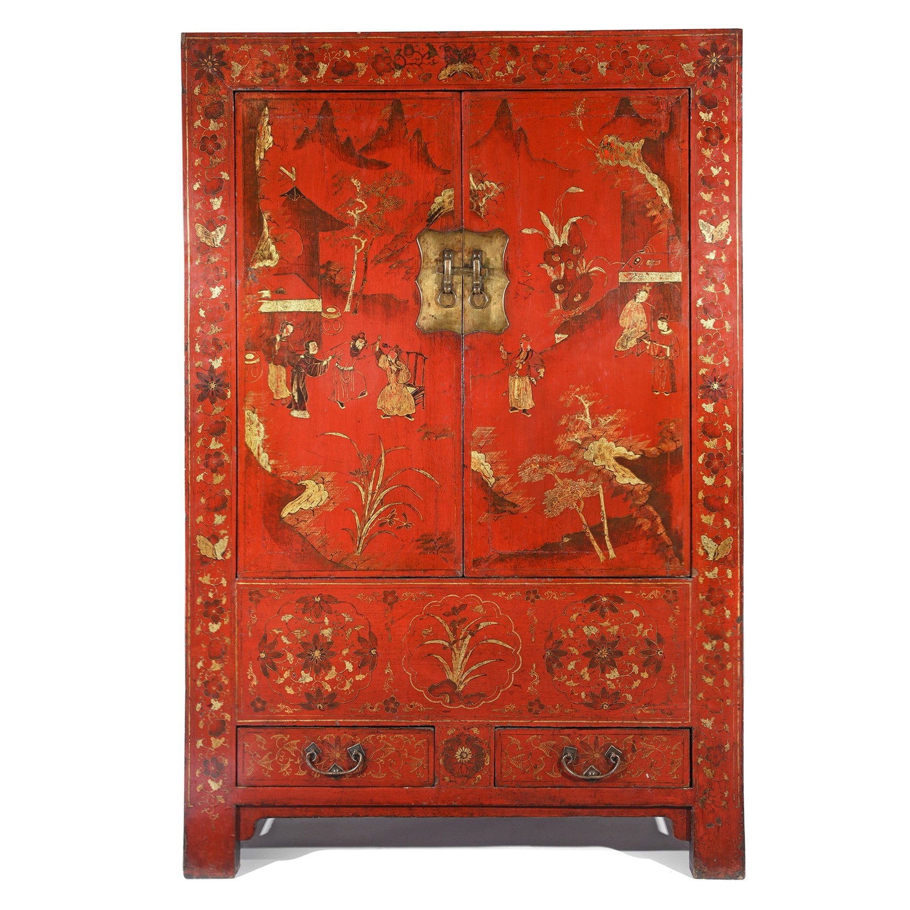 Chinese Red Lacquer Wedding Cabinet from Shanxi- 19thC