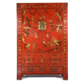 Chinese Red Lacquer Wedding Cabinet from Shanxi- 19thC