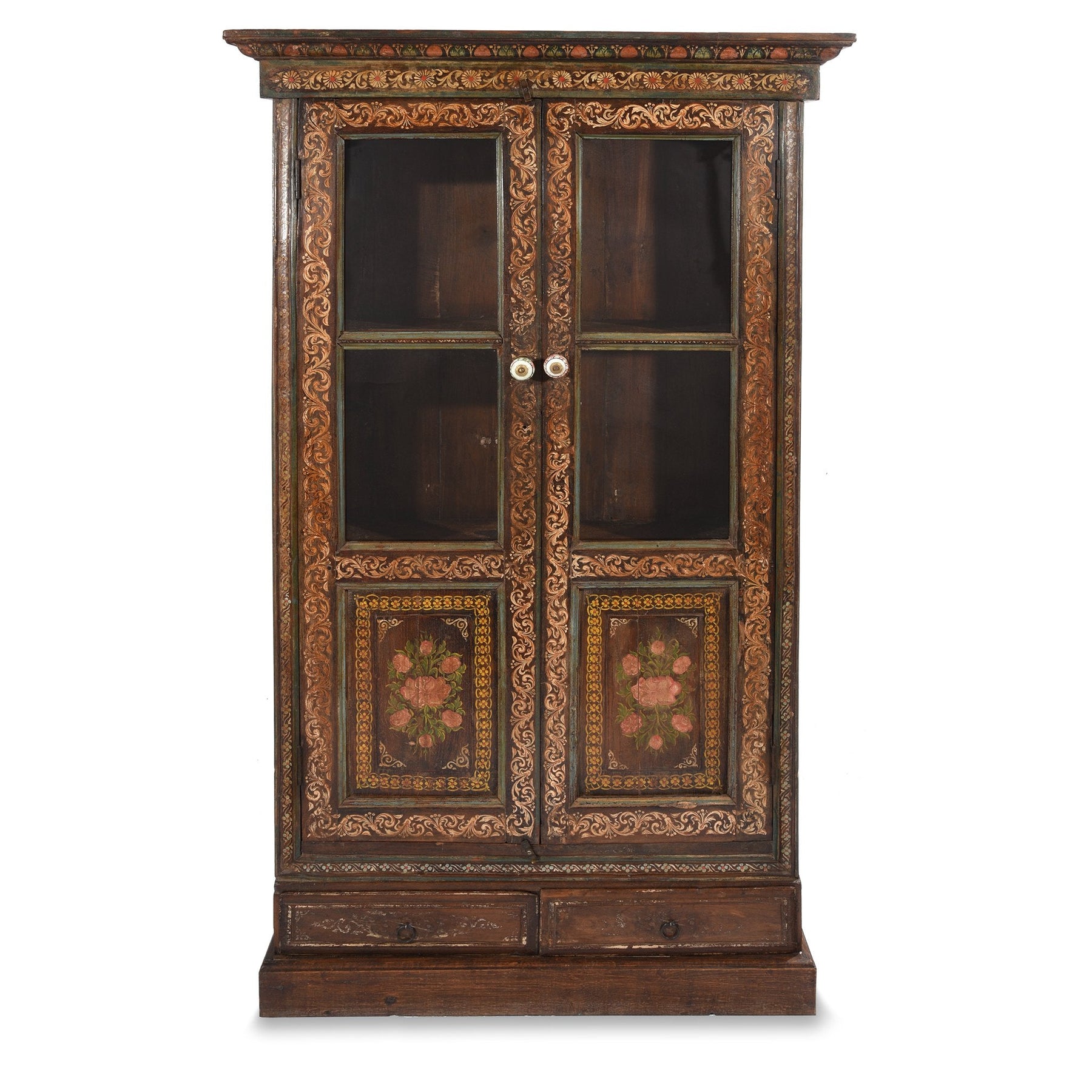 Painted Indian Glazed Book Cabinet From Maharashtra - 19thC