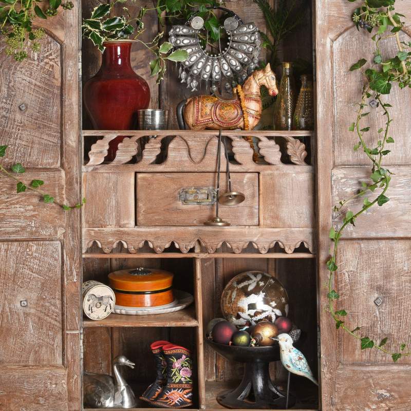 Painted Teak Almirah Cabinet From Gujarat - 19thC