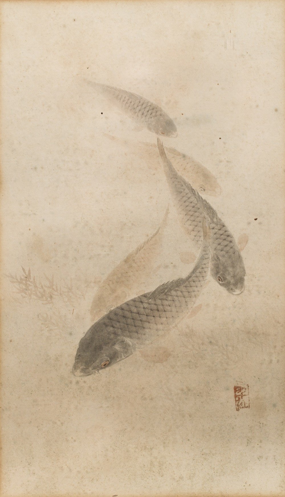 Framed Japanese Watercolour of Swimming Carp - 19thC
