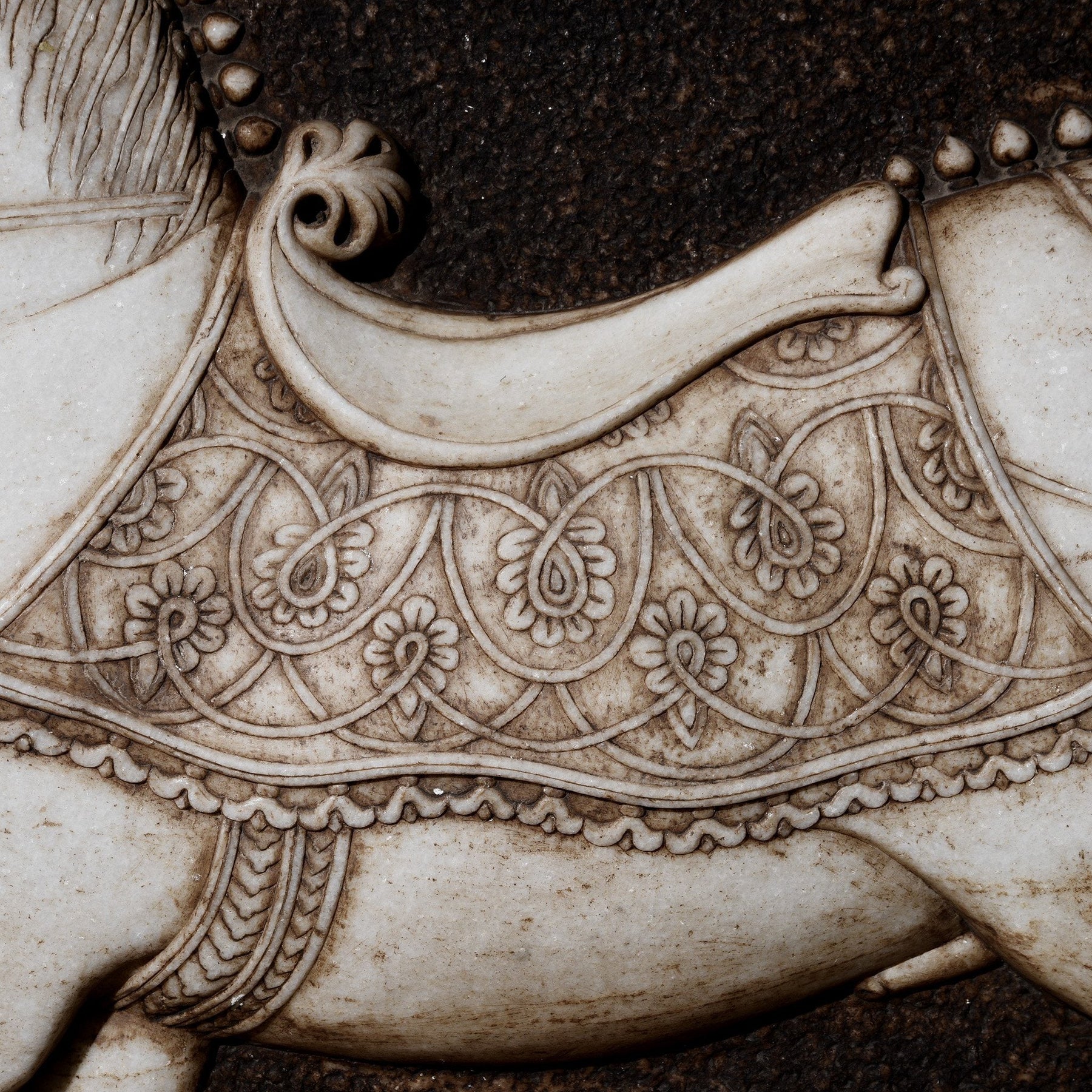 Hand Carved Marble Mughal Horse Panel From Rajasthan